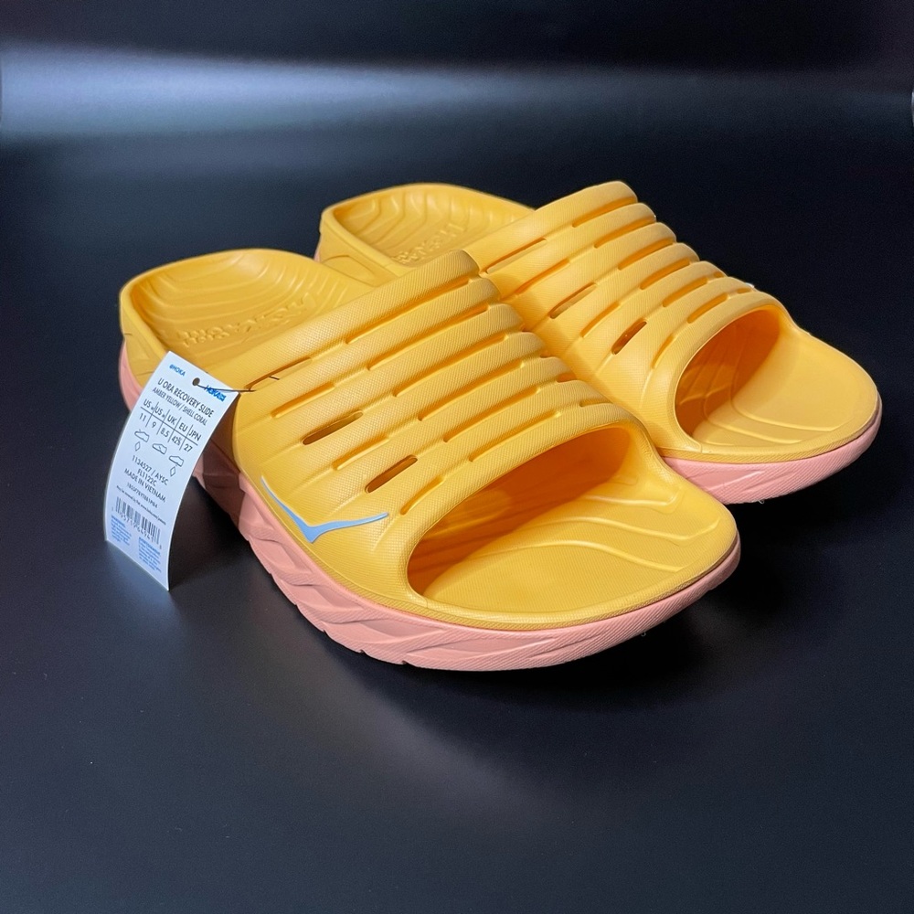 Hoka Slides Sandals One Ora Recovery Amber Yellow/Shell Coral Sz 9M/11W New